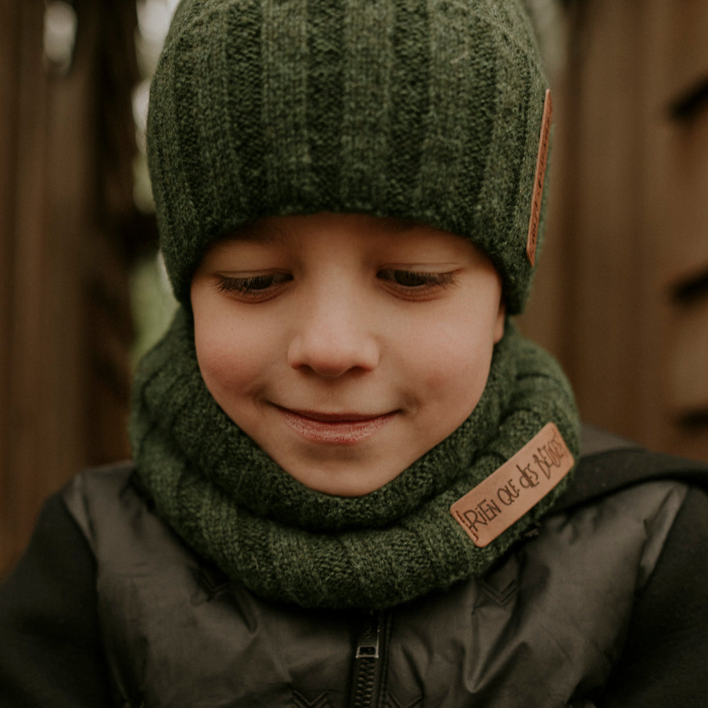 Tour de cou enfant en laine doublé teddy kaki
