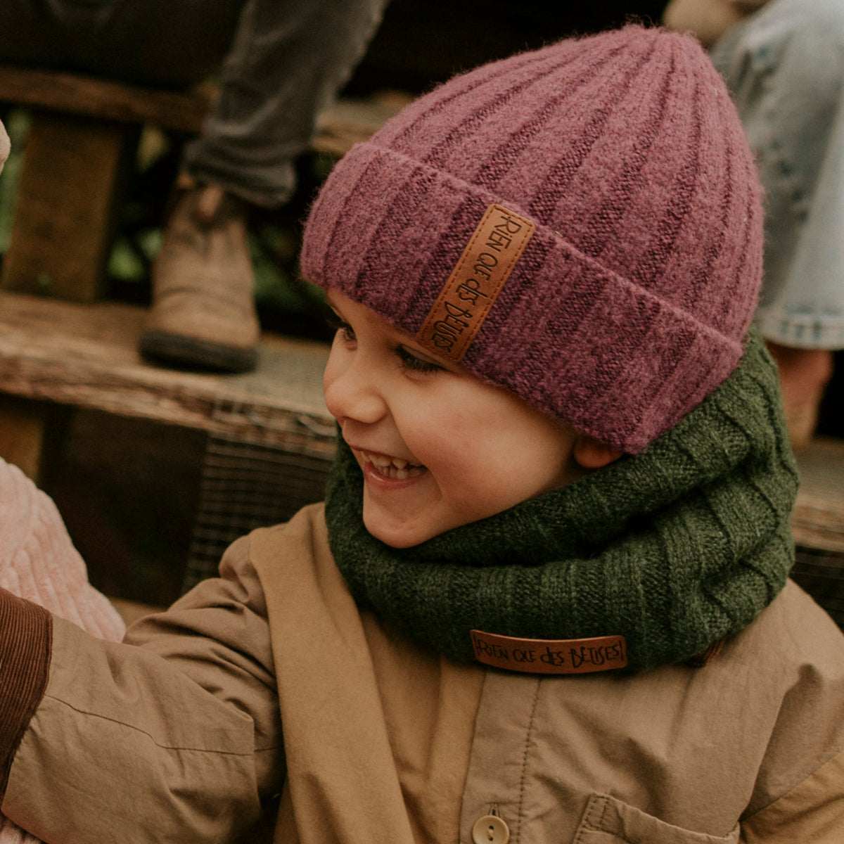 Tour de cou enfant en laine doublé teddy kaki