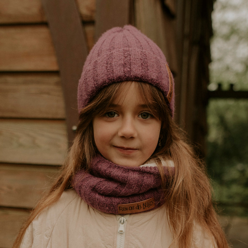 Tour de cou enfant en laine doublé teddy parme