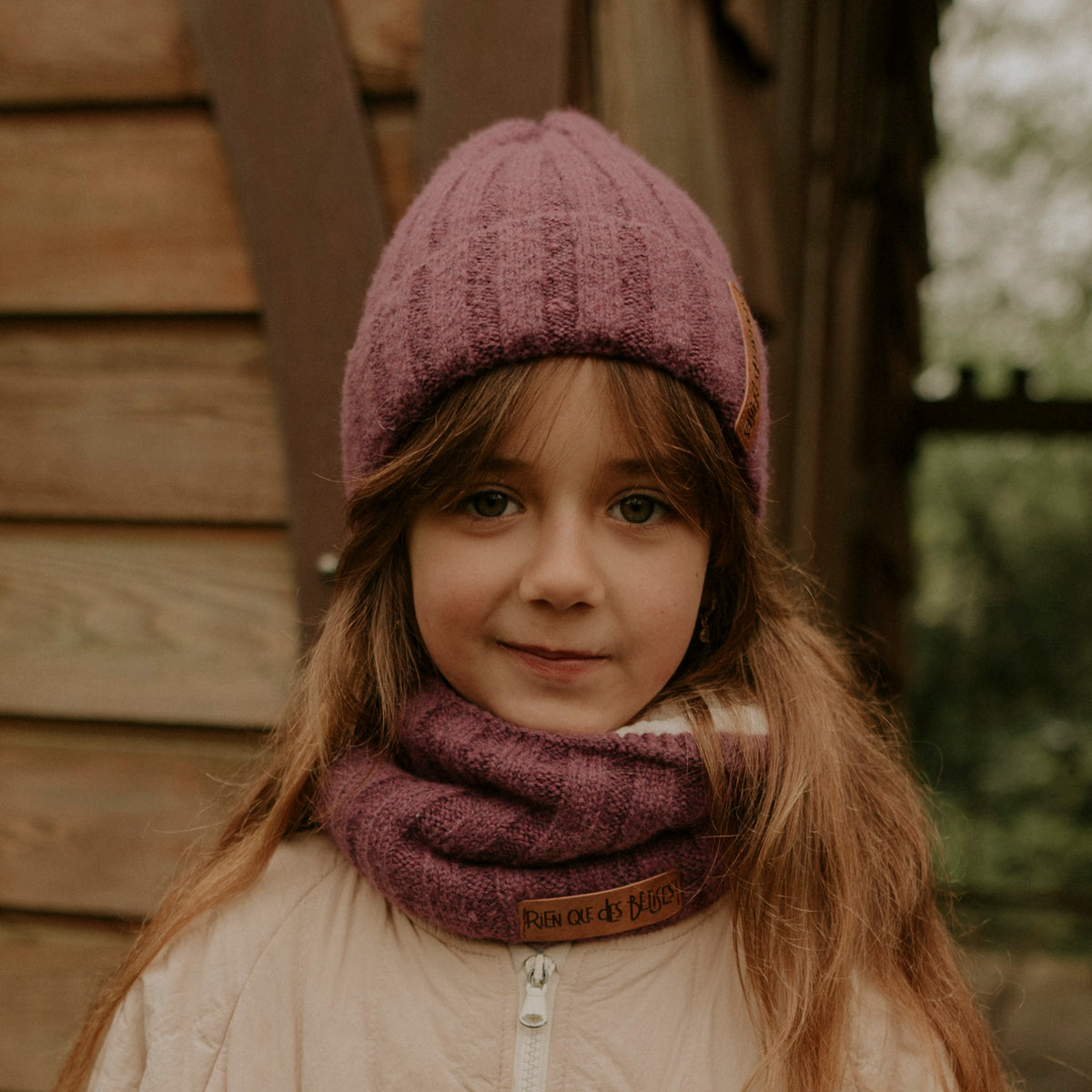 Tour de cou enfant en laine doublé teddy parme