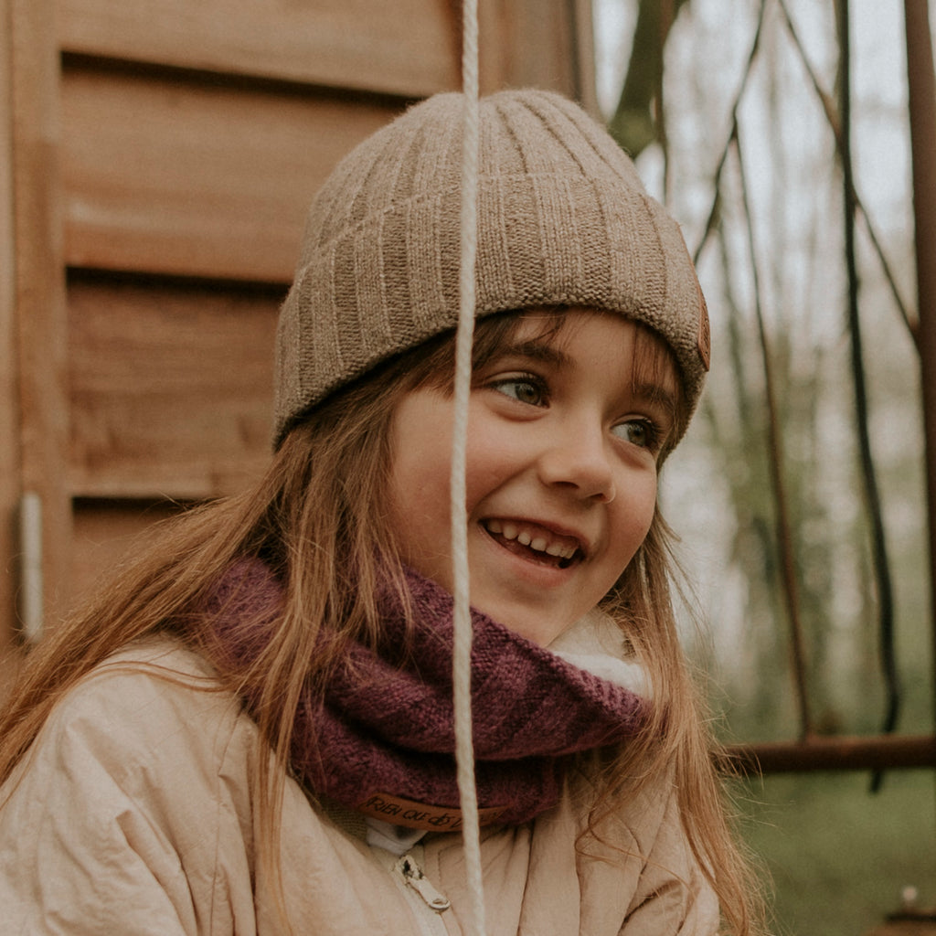 Tour de cou enfant en laine doublé teddy parme