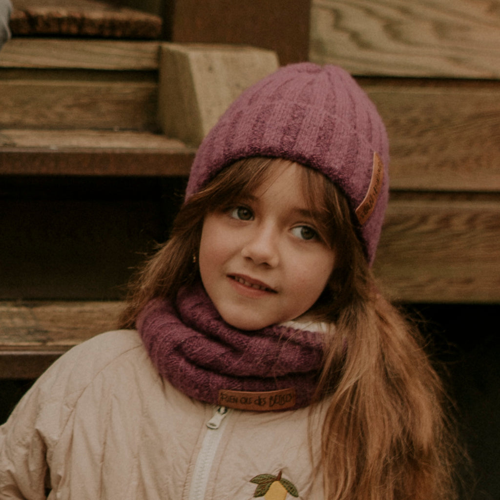 Tour de cou enfant en laine doublé teddy parme