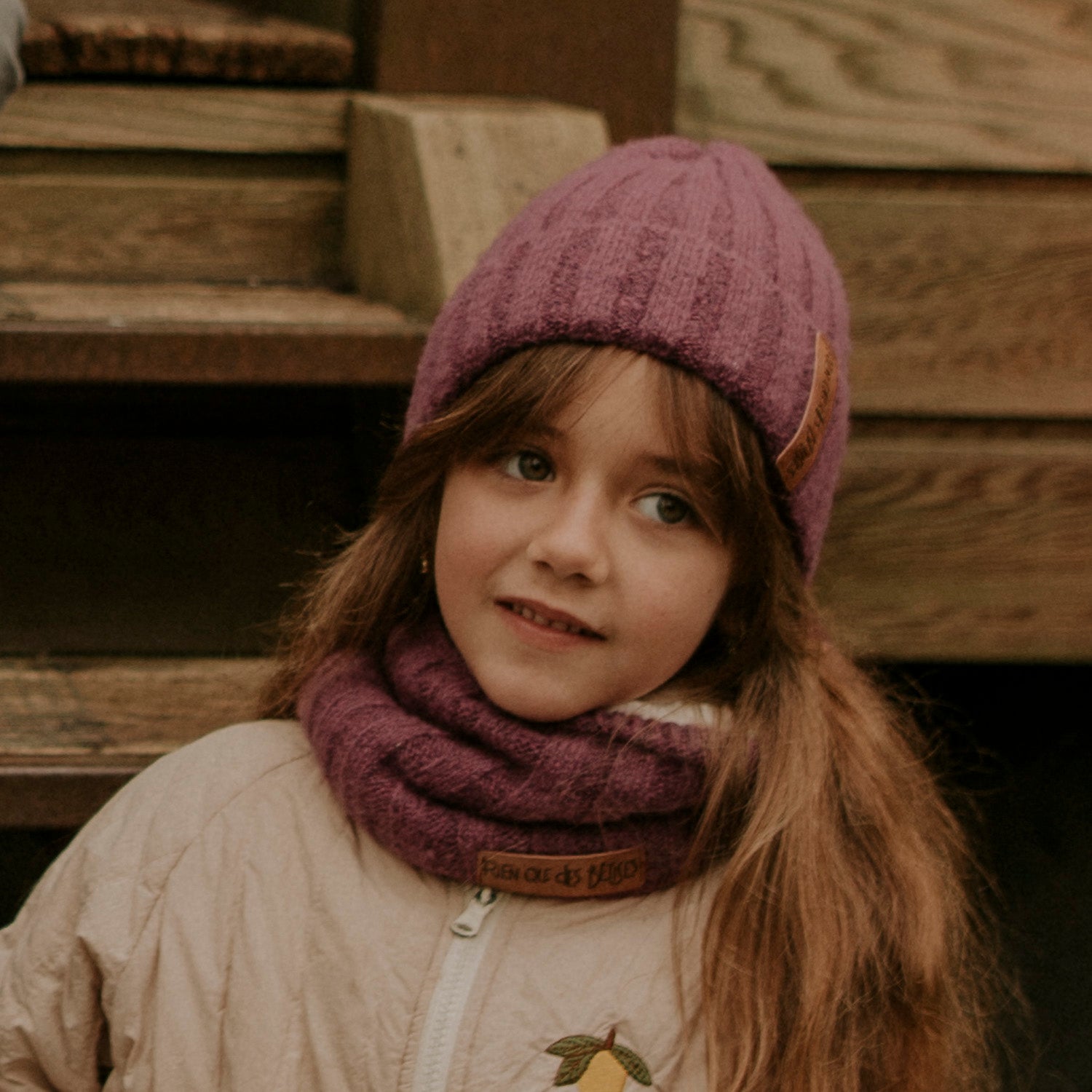 Tour de cou enfant en laine doublé teddy parme