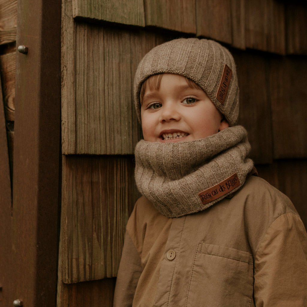 Tour de cou enfant en laine doublé teddy taupe