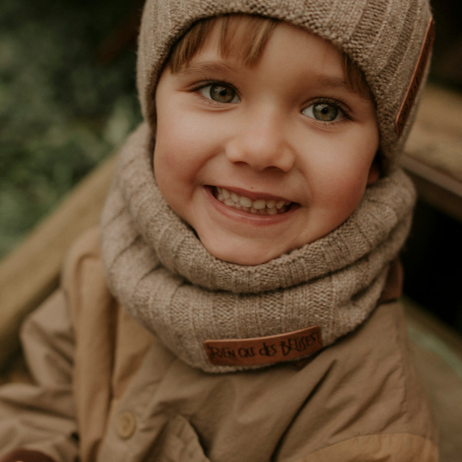 Tour de cou enfant en laine doublé teddy taupe