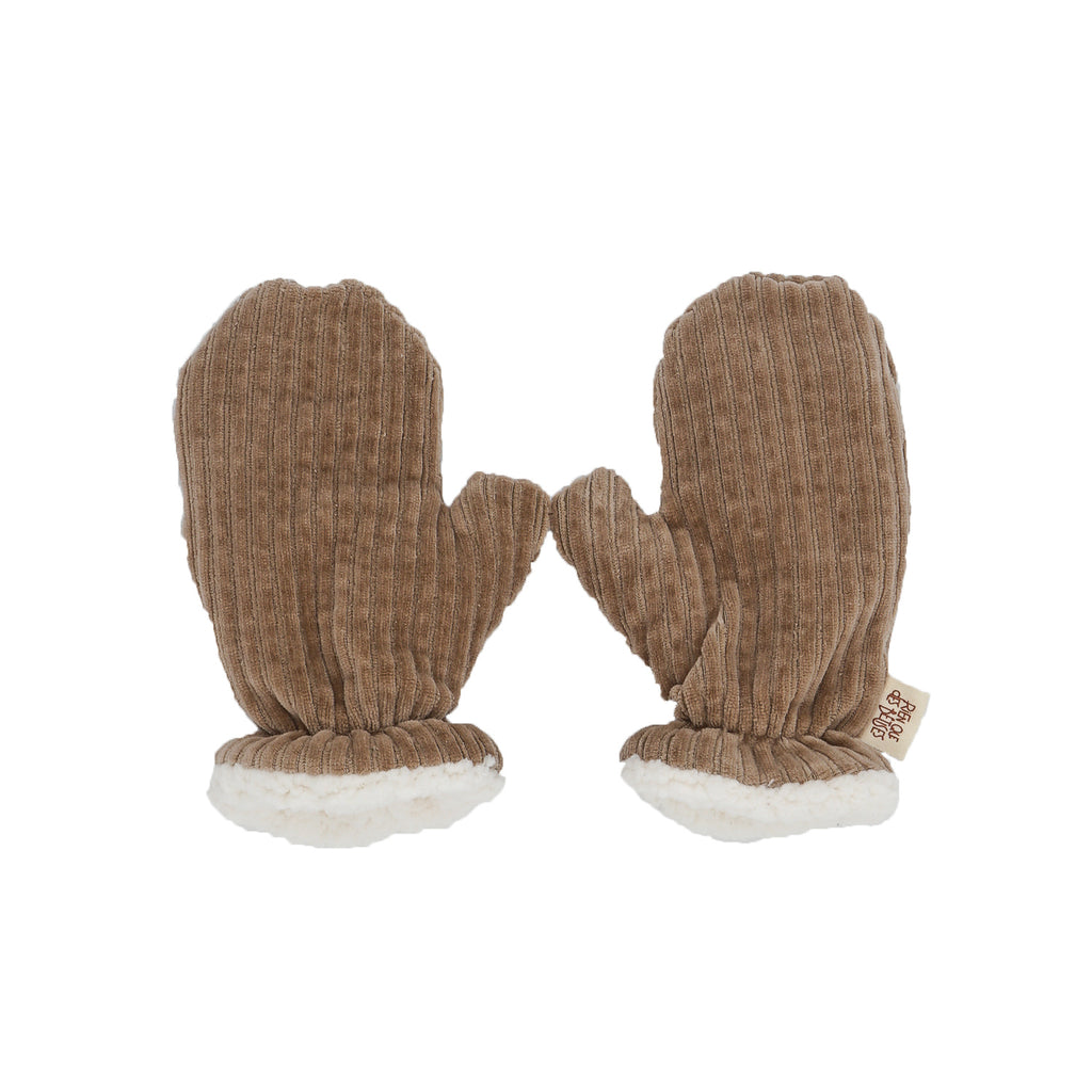 moufles bébés en velours côtelé taupe doublées de teddy tout doux Rien que des bêtises