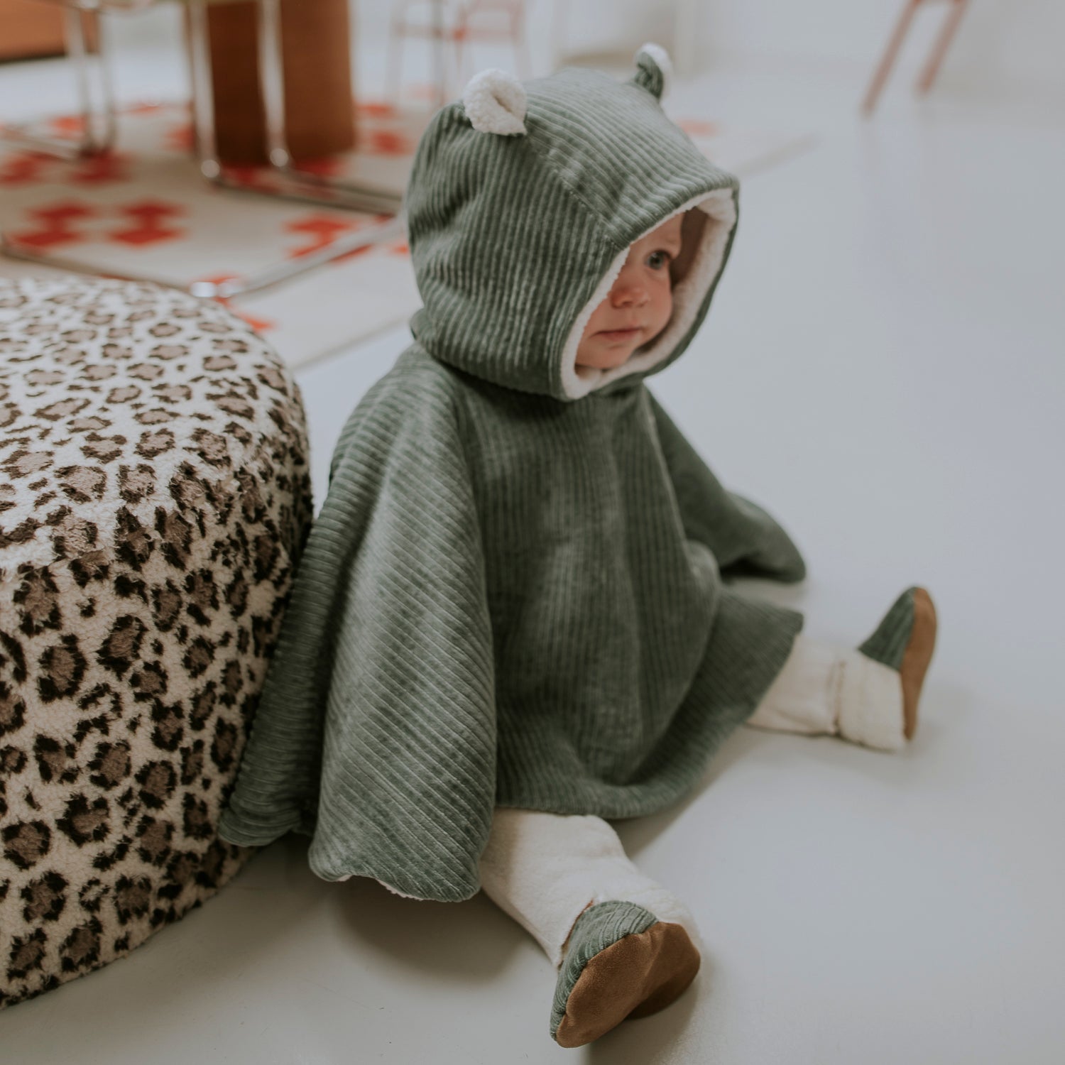 Poncho bébé velours kaki