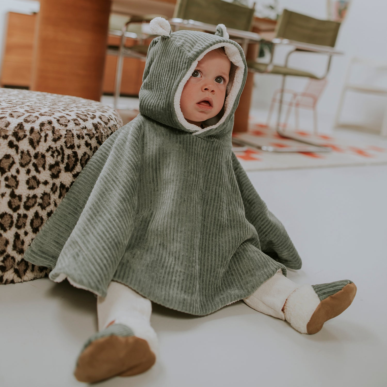 Poncho bébé velours kaki